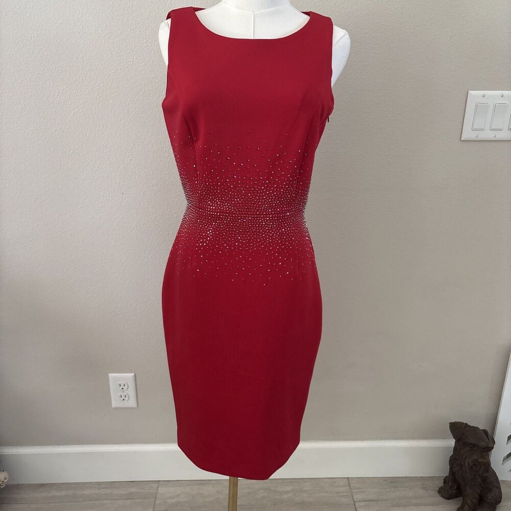 Calvin Klein Red Sheath Dress Silver Rhinestone Studded Sleeveless Size 4